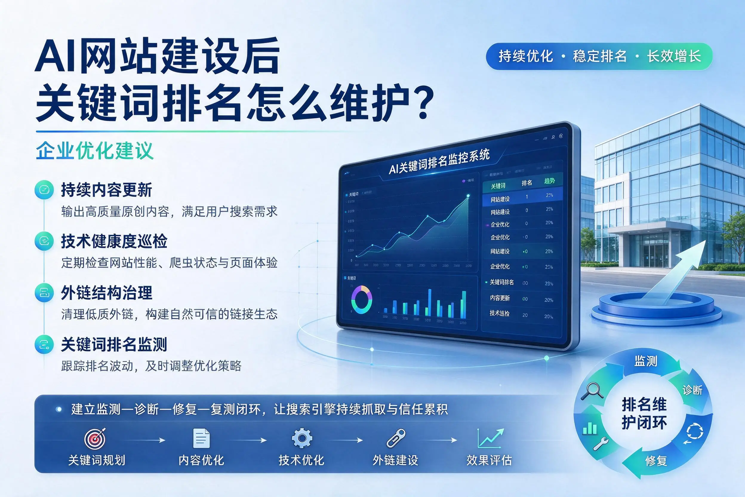 AI网站建设后关键词排名怎么维护?泸州企业优化建议